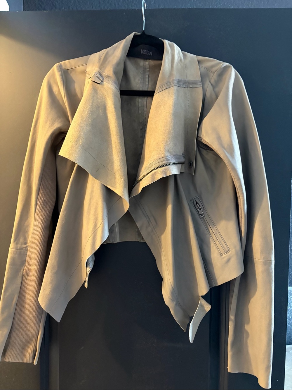 Veda Taupe Draped Open-Front Leather Jacket